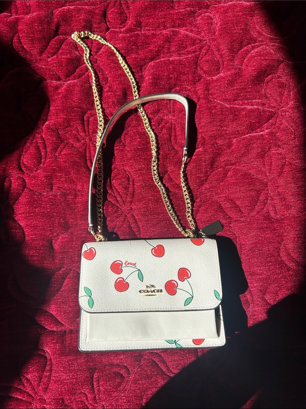 Coach Mini Klaire Cream Cherry-Print Leather Crossbody with Gold Chain